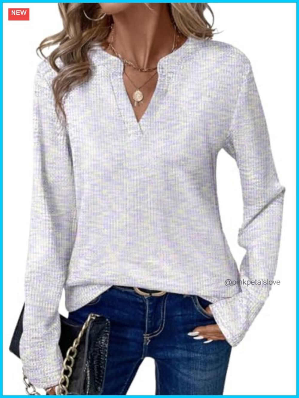 Dokotoo Waffle Knit V Neck Long Sleeve Sweater Casual Fall Top